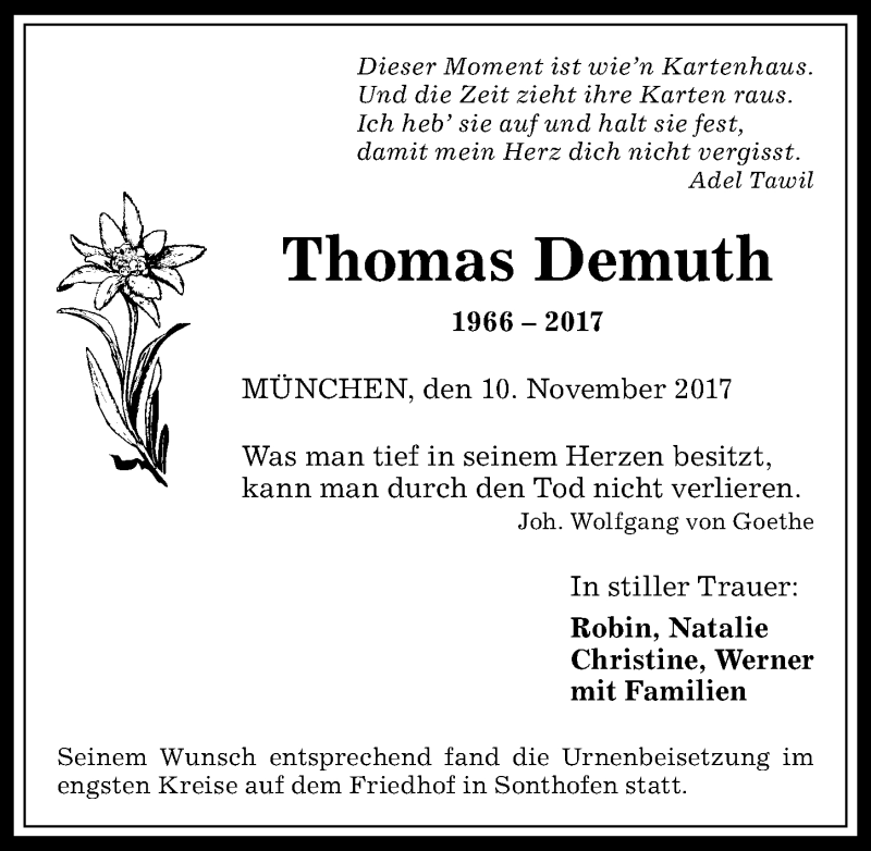 Traueranzeige von Thomas Demuth von Allgäuer Anzeigeblatt