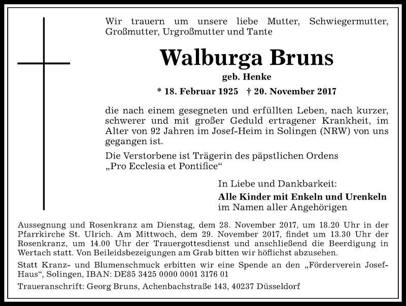 Traueranzeige von Walburga Bruns von Allgäuer Anzeigeblatt