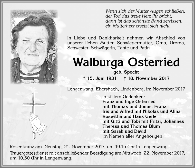 Traueranzeige von Walburga Osterried von Allgäuer Zeitung, Marktoberdorf