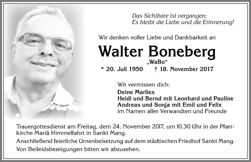 Traueranzeige von Walter Boneberg von Allgäuer Zeitung,Kempten