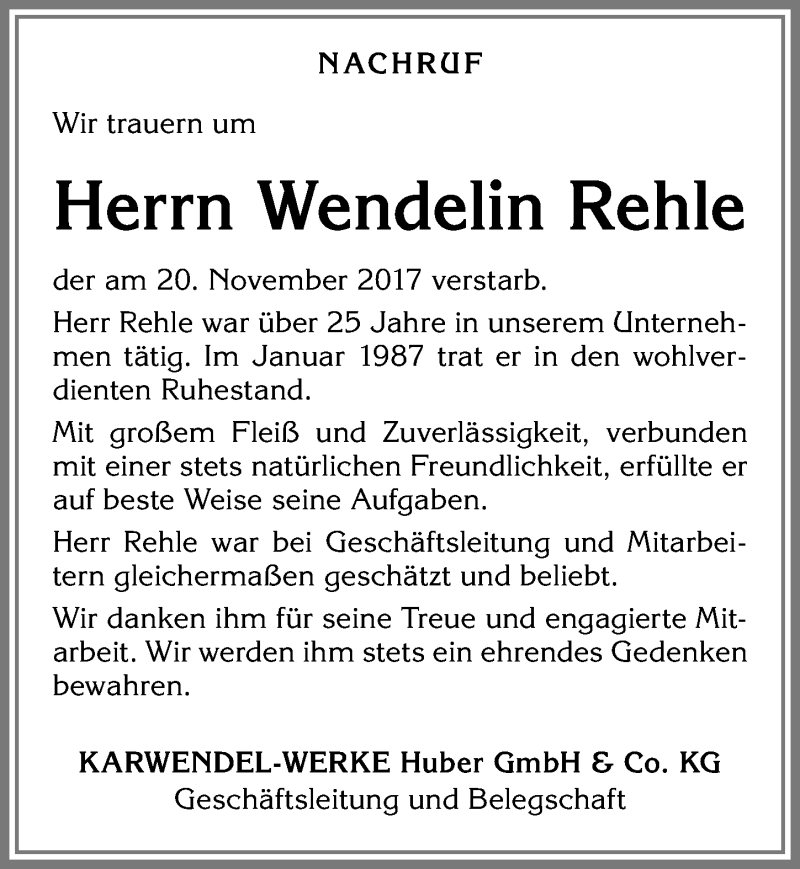Traueranzeige von Wendelin Rehle von Allgäuer Zeitung, Kaufbeuren/Buchloe