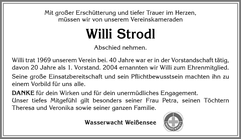 Traueranzeige von Willi Strodl von Allgäuer Zeitung, Füssen