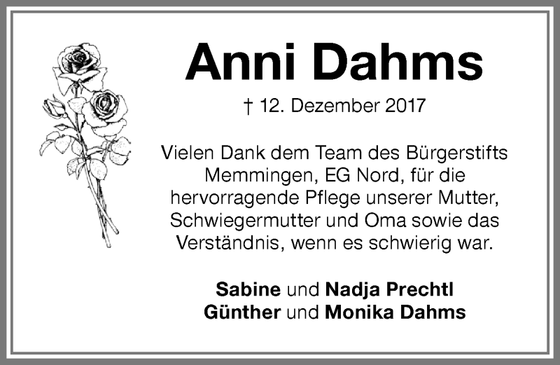Traueranzeige von Anni Dahms von Memminger Zeitung