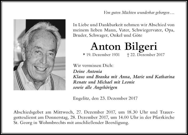 Traueranzeige von Anton Bilgeri von Der Westallgäuer