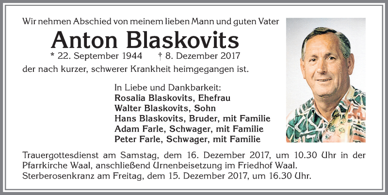Traueranzeige von Anton Blaskovits von Allgäuer Zeitung, Kaufbeuren/Buchloe