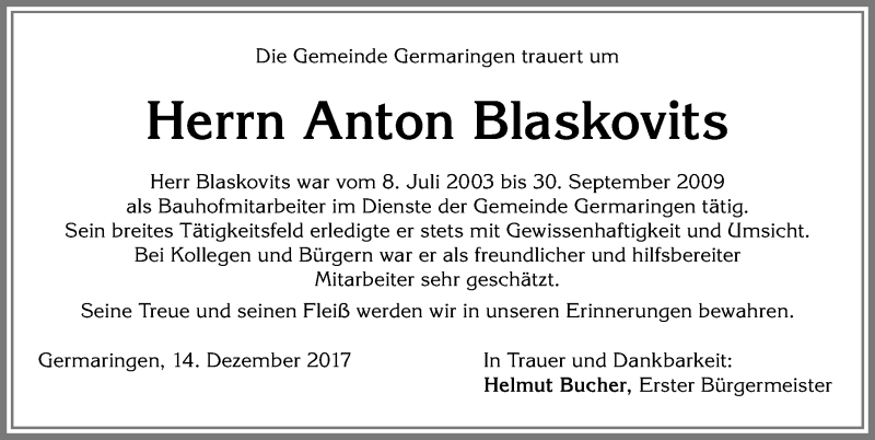 Traueranzeige von Anton Blaskovits von Allgäuer Zeitung, Kaufbeuren/Buchloe