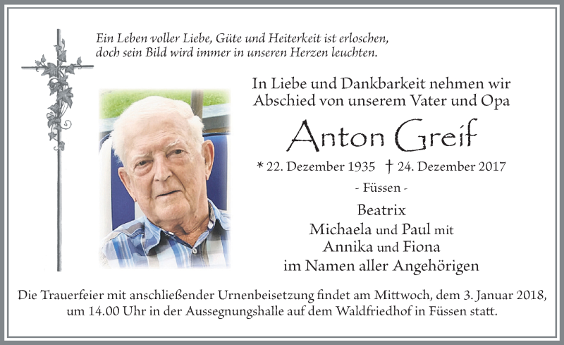 Traueranzeige von Anton Greif von Allgäuer Zeitung, Füssen