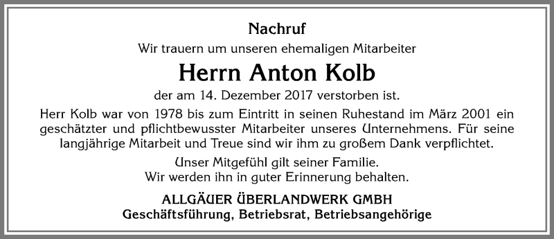 Traueranzeige von Anton Kolb von Allgäuer Zeitung,Kempten