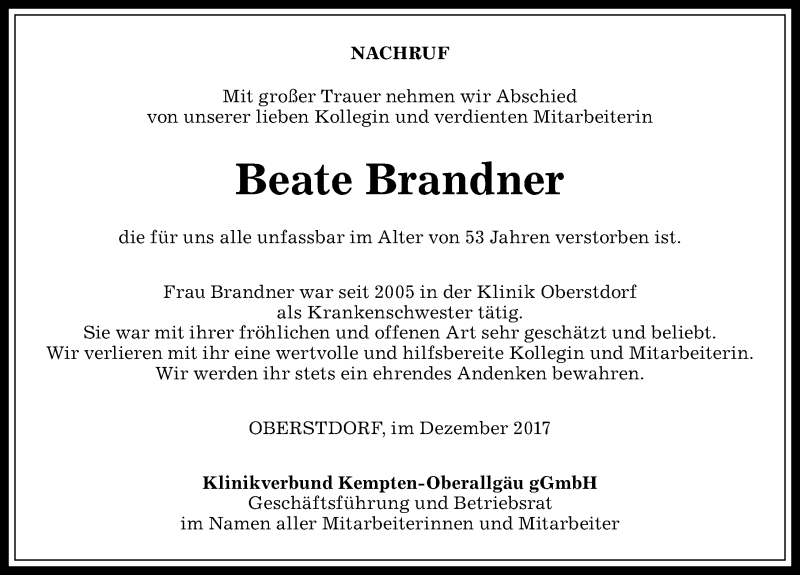 Traueranzeige von Beate Brandner von Allgäuer Anzeigeblatt