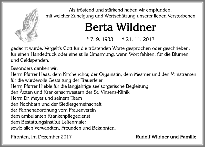 Traueranzeige von Berta Wildner von Allgäuer Zeitung, Füssen