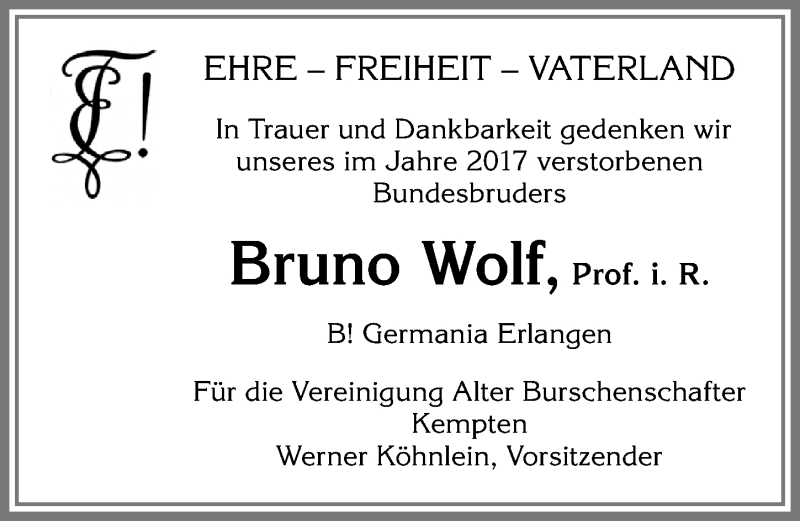 Traueranzeige von Bruno Wolf von Allgäuer Zeitung,Kempten