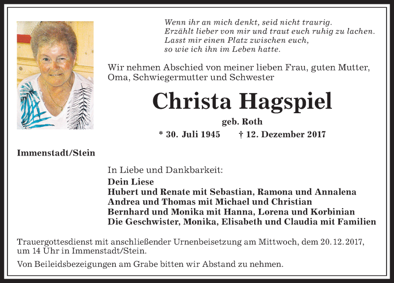 Traueranzeige von Christa Hagspiel von Allgäuer Anzeigeblatt