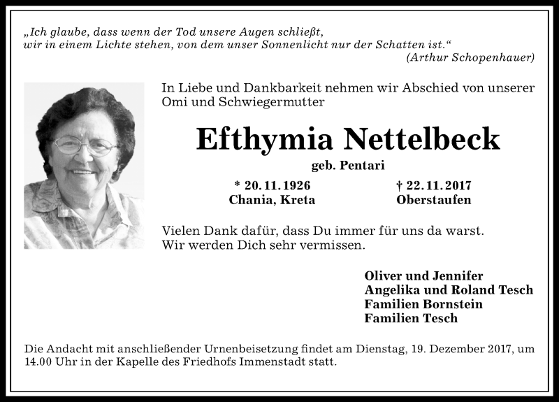 Traueranzeige von Efthymia Nettelbeck von Allgäuer Anzeigeblatt