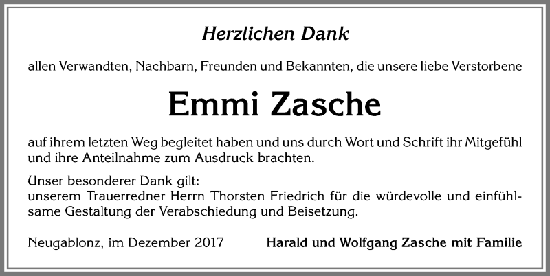 Traueranzeige von Emmi Zasche von Allgäuer Zeitung, Kaufbeuren/Buchloe
