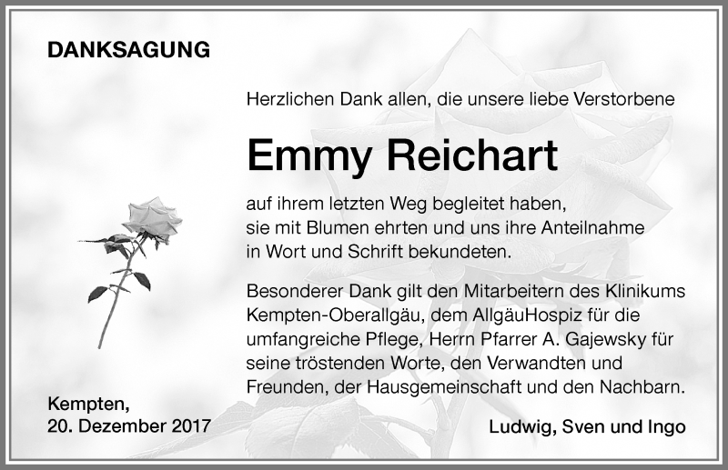 Traueranzeige von Emmy Reichart von Allgäuer Zeitung,Kempten