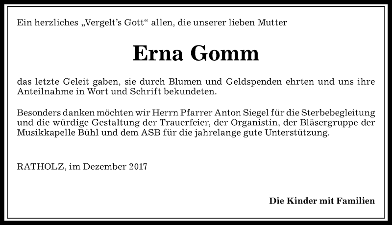 Traueranzeige von Erna Gomm von Allgäuer Anzeigeblatt