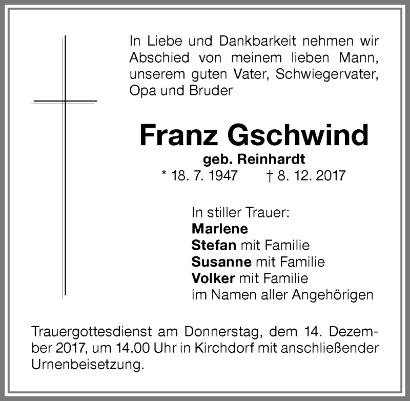 Traueranzeige von Franz Gschwind von Memminger Zeitung