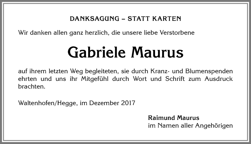 Traueranzeige von Gabriele Maurus von Allgäuer Zeitung,Kempten