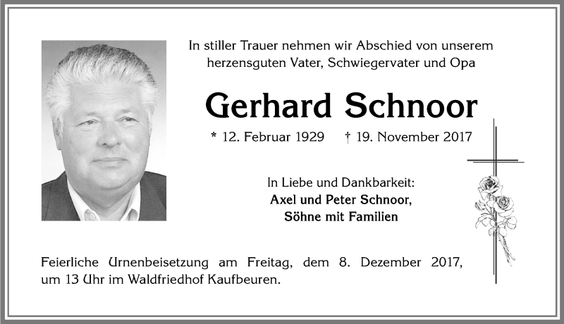 Traueranzeige von Gerhard Schnoor von Allgäuer Zeitung, Kaufbeuren/Buchloe