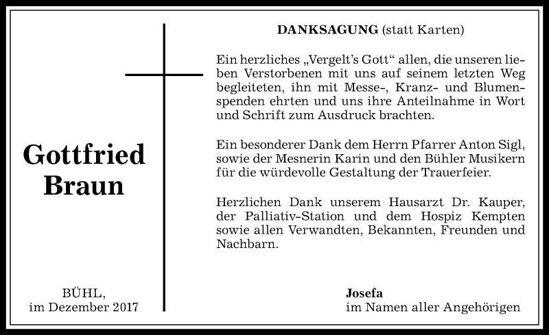 Traueranzeige von Gottfried Braun von Allgäuer Anzeigeblatt