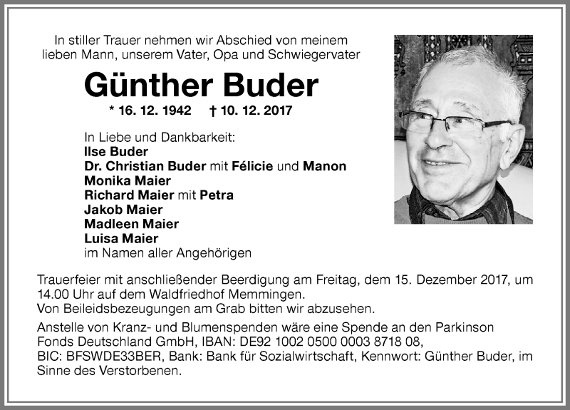 Traueranzeige von Günther Buder von Memminger Zeitung