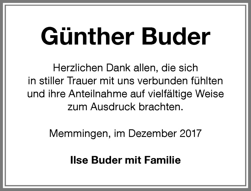 Traueranzeige von Günther Buder von Memminger Zeitung