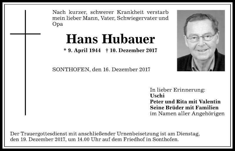 Traueranzeige von Hans Hubauer von Allgäuer Anzeigeblatt