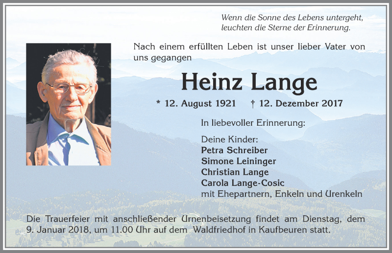 Traueranzeige von Heinz Lange von Allgäuer Zeitung, Kaufbeuren/Buchloe