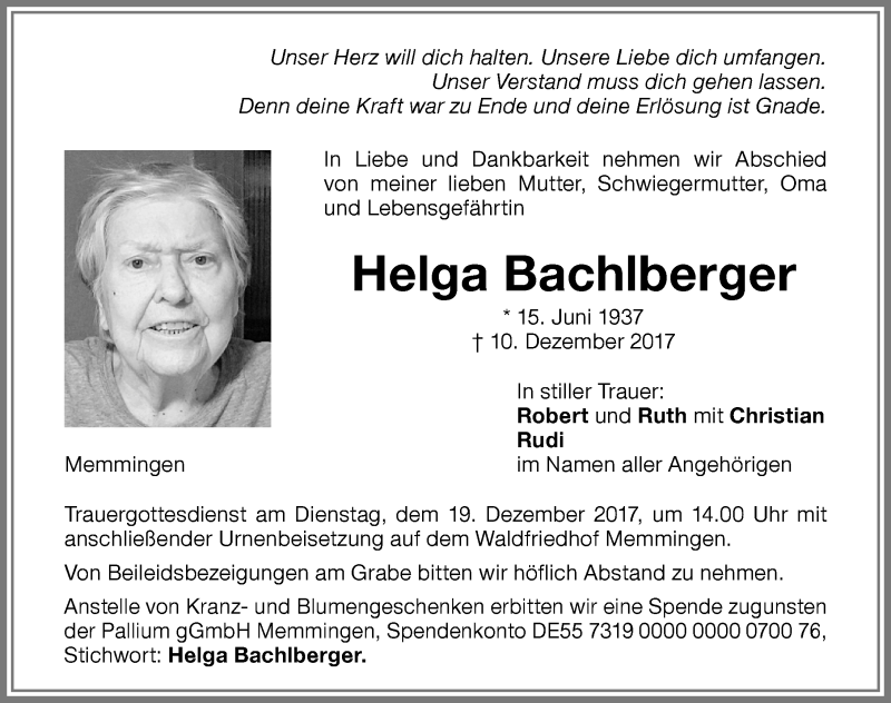 Traueranzeige von Helga Bachlberger von Memminger Zeitung