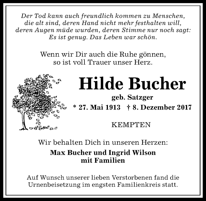 Traueranzeige von Hilde Bucher von Allgäuer Zeitung,Kempten