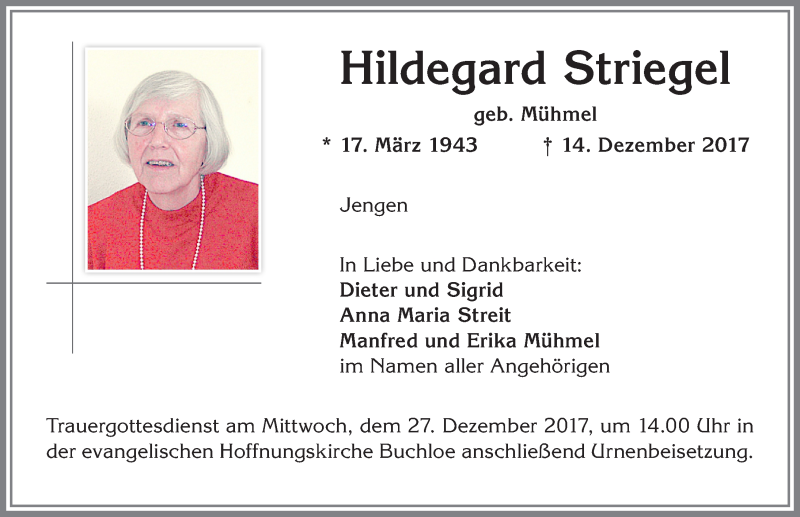 Traueranzeige von Hildegard Striegel von Allgäuer Zeitung, Kaufbeuren/Buchloe