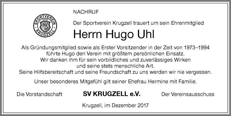 Traueranzeige von Hugo Uhl von Allgäuer Zeitung,Kempten