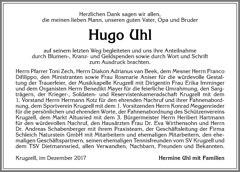 Traueranzeige von Hugo Uhl von Allgäuer Zeitung,Kempten