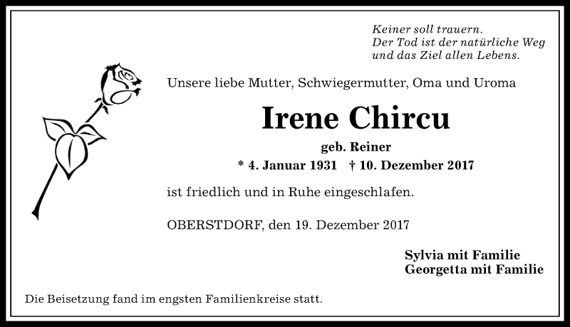 Traueranzeige von Irene Chircu von Allgäuer Anzeigeblatt