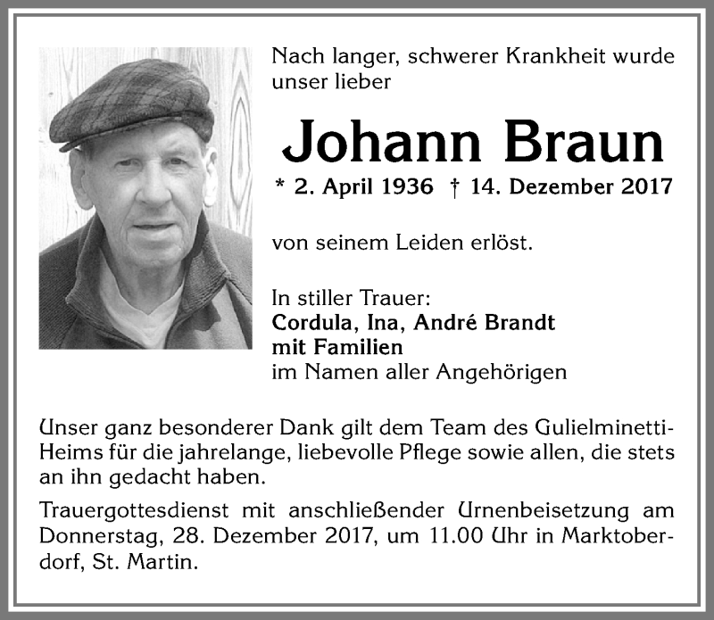 Traueranzeige von Johann Braun von Allgäuer Zeitung, Marktoberdorf