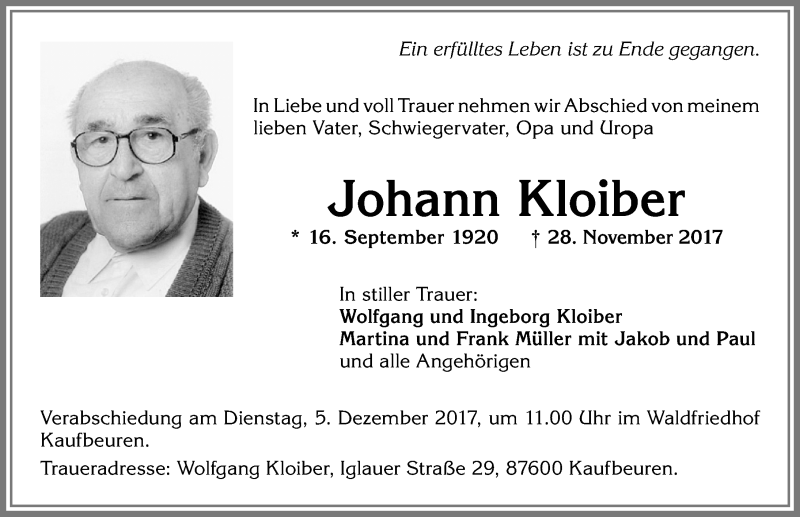 Traueranzeige von Johann Kloiber von Allgäuer Zeitung, Kaufbeuren/Buchloe