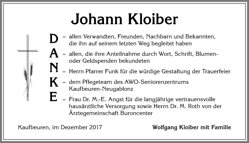 Traueranzeige von Johann Kloiber von Allgäuer Zeitung, Kaufbeuren/Buchloe