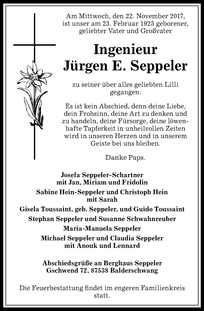 Traueranzeige von Jürgen E. Seppeler von Allgäuer Anzeigeblatt