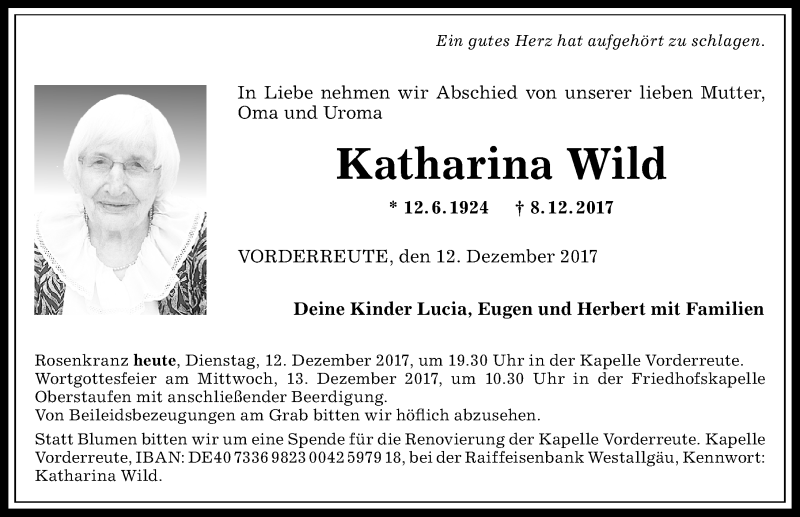 Traueranzeige von Katharina Wild von Allgäuer Anzeigeblatt