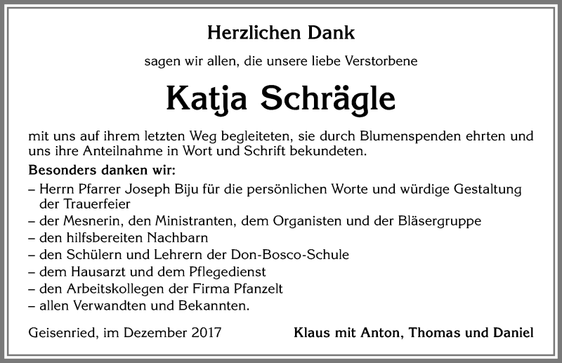 Traueranzeige von Katja Schrägle von Allgäuer Zeitung, Marktoberdorf