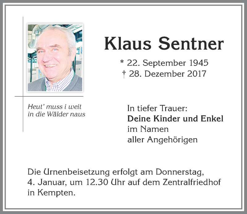 Traueranzeige von Klaus Sentner von Allgäuer Zeitung,Kempten