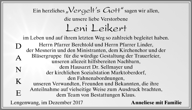 Traueranzeige von Leni Leikert von Allgäuer Zeitung, Marktoberdorf