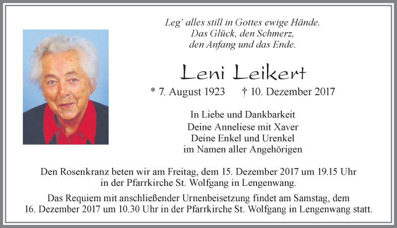 Traueranzeige von Leni Leikert von Allgäuer Zeitung