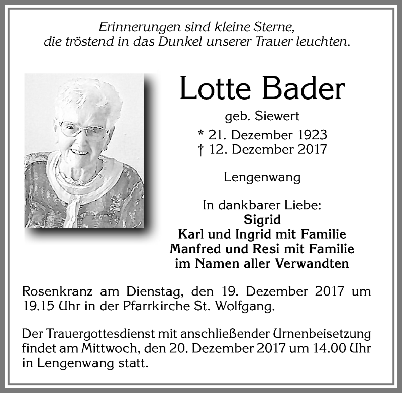 Traueranzeige von Lotte Bader von Allgäuer Zeitung, Marktoberdorf