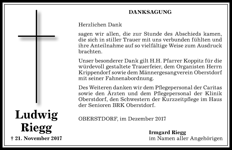Traueranzeige von Ludwig Riegg von Allgäuer Anzeigeblatt