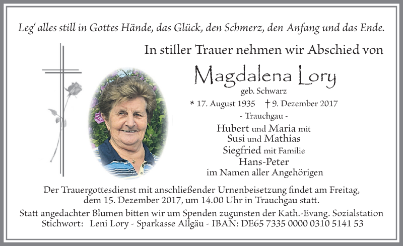 Traueranzeige von Magdalena Lory von Allgäuer Zeitung, Füssen