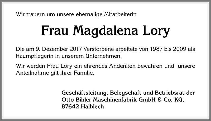 Traueranzeige von Magdalena Lory von Allgäuer Zeitung, Füssen