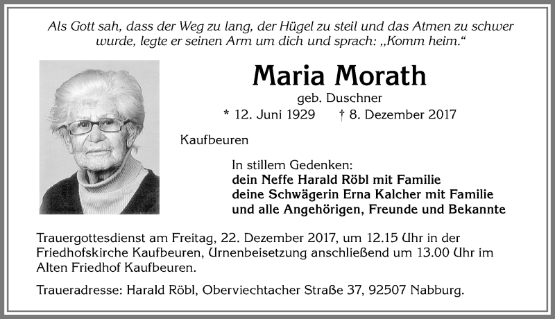 Traueranzeige von Maria Morath von Allgäuer Zeitung, Kaufbeuren/Buchloe