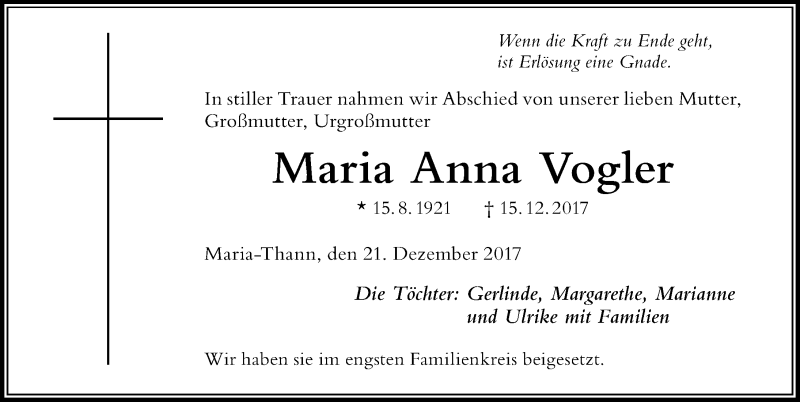 Traueranzeige von Maria Anna Vogler von Der Westallgäuer