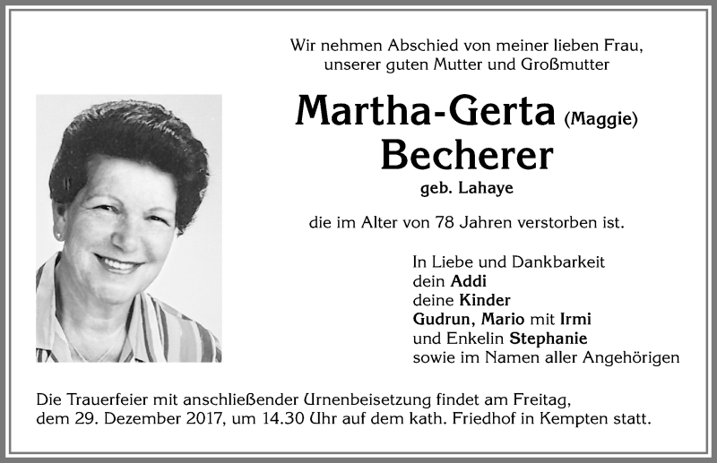 Traueranzeige von Martha-Gerta Maggie von Allgäuer Zeitung